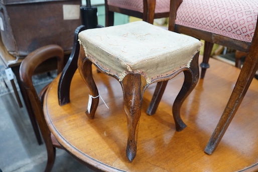 A Victorian rosewood footstool, width 32cm, height 36cm and a contemporary ebonised adjustable piano stool